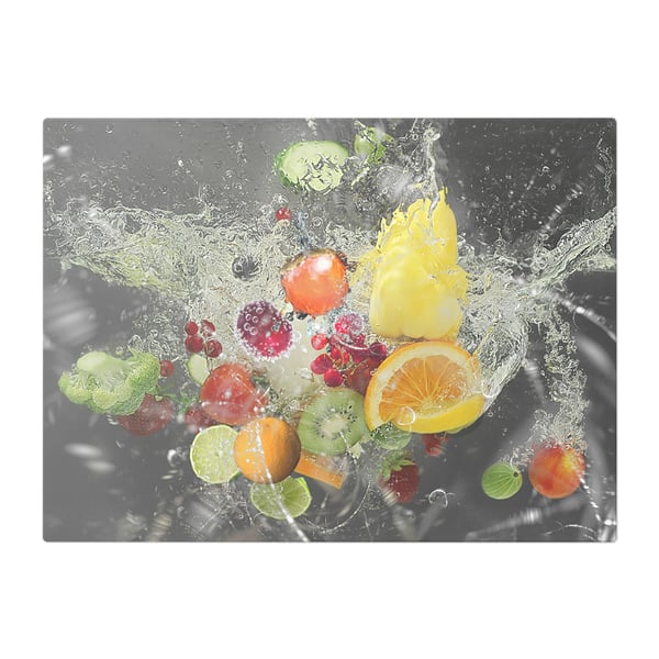 Colourful Fruits In Swirls Of Transparent Water Glass Chopping Board