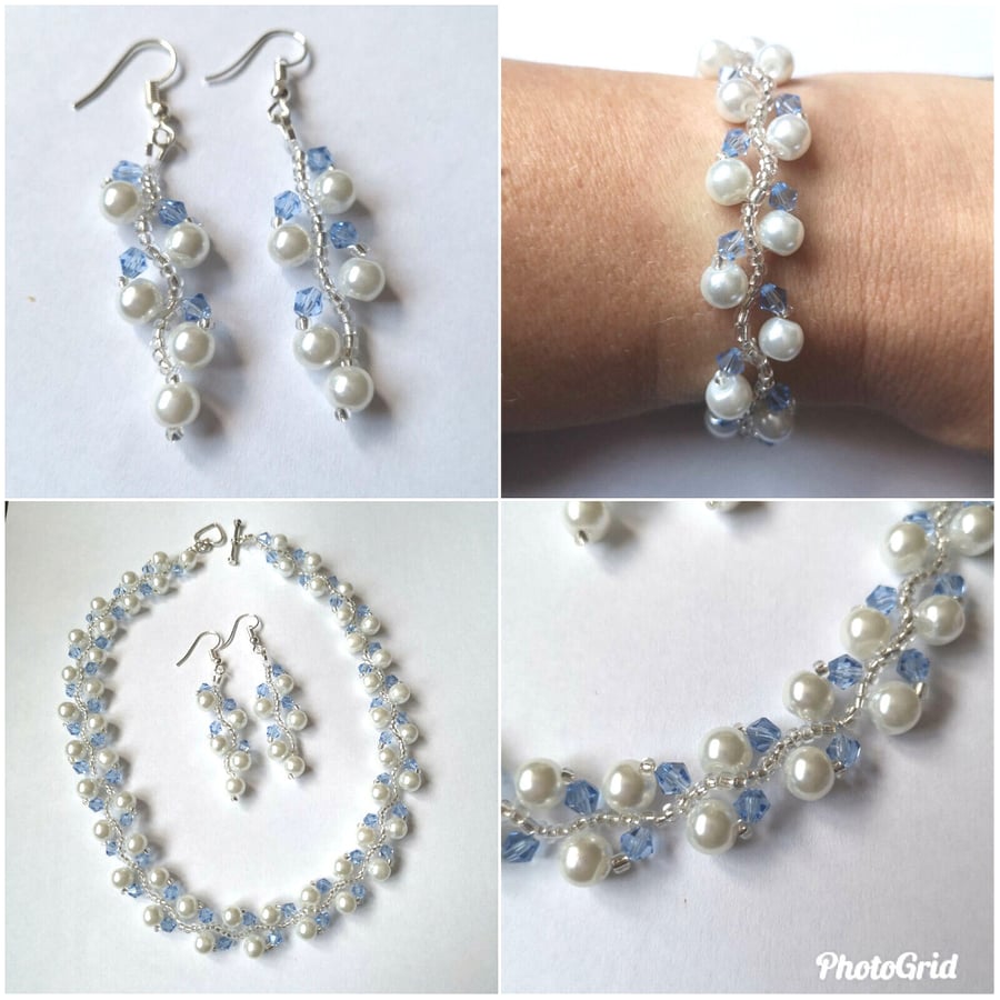 White & Blue Beaded Necklace earrings and bracelet set vine strand design 