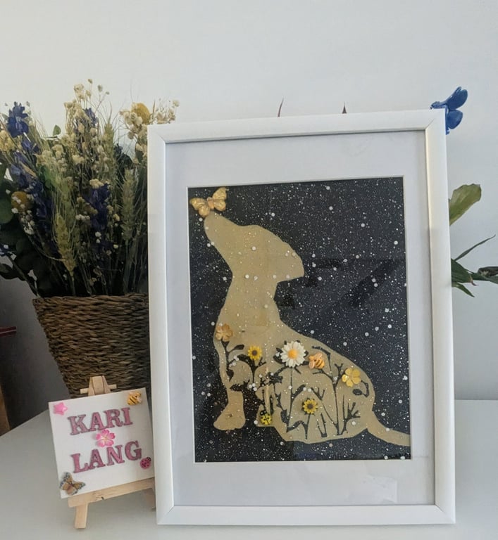 "Mixed-media dachshund silhouette with floral detailing – whimsical folk-style 