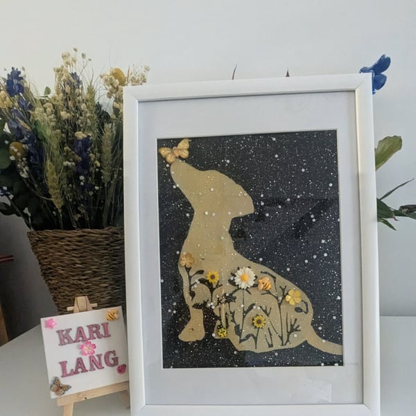 "Mixed-media dachshund silhouette with floral detailing – whimsical folk-style 