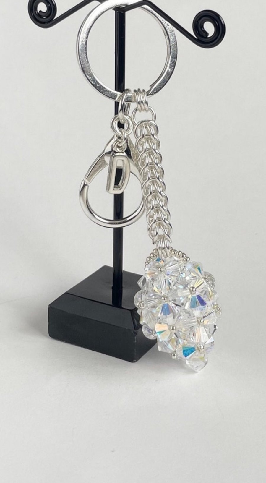 Handbag Charm, Egg Shaped Clear AB Crystal with a Chainmaille chain and Keyring