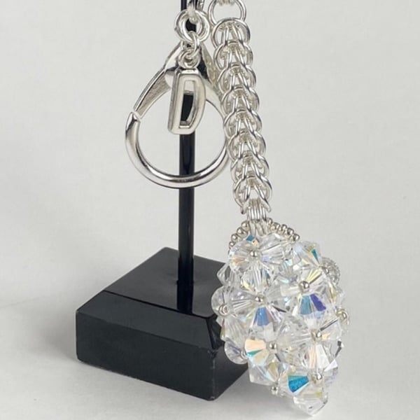 Handbag Charm, Egg Shaped Clear AB Crystal with a Chainmaille chain and Keyring