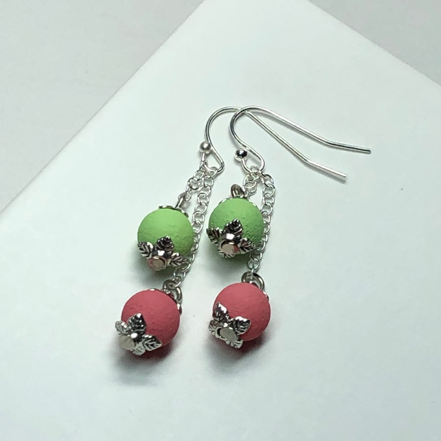 Apple pink green lava stone earrings