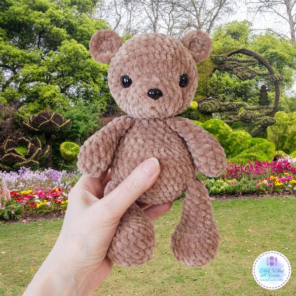 Crochet traditional brown teddy bear. Teddy soft toy and boots set. UKCA tested.