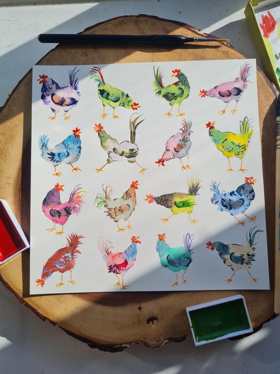 Original hand painted watercolour funny chicken art