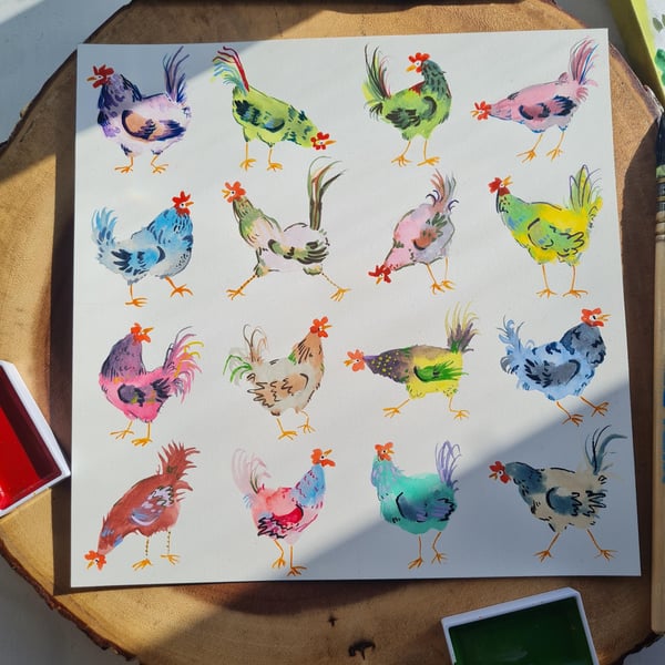Original hand painted watercolour funny chicken art