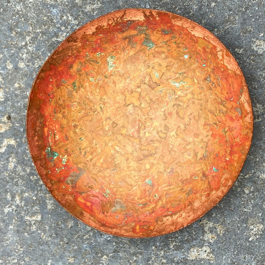 Hand raised copper bowl with colourful patina