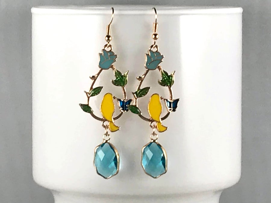 CRYSTAL BIRD EARRINGS enamel gold plated teardrop