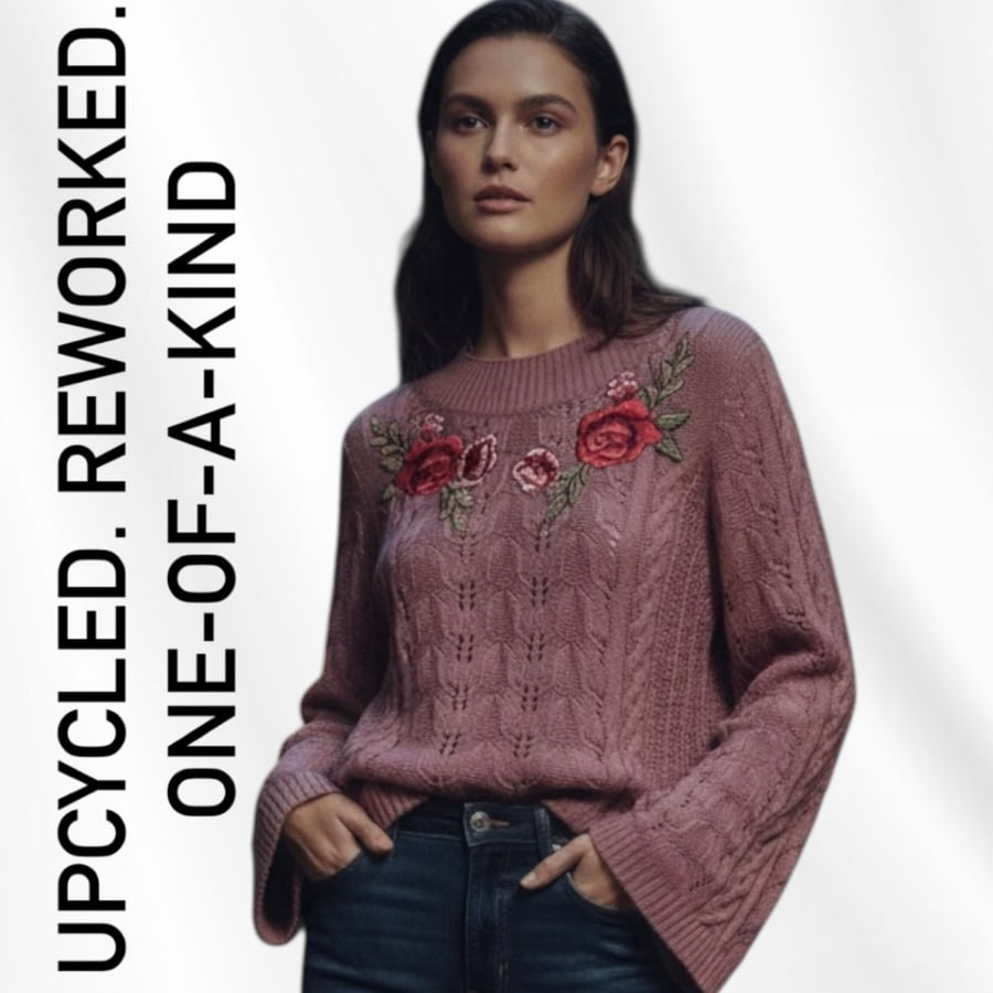Upcycled Reworked Mauve Cable-Knit Sweater with Rose Embroidery – Size XL