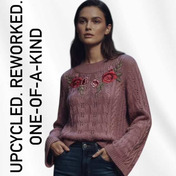 Upcycled Reworked Mauve Cable-Knit Sweater with Rose Embroidery – Size XL