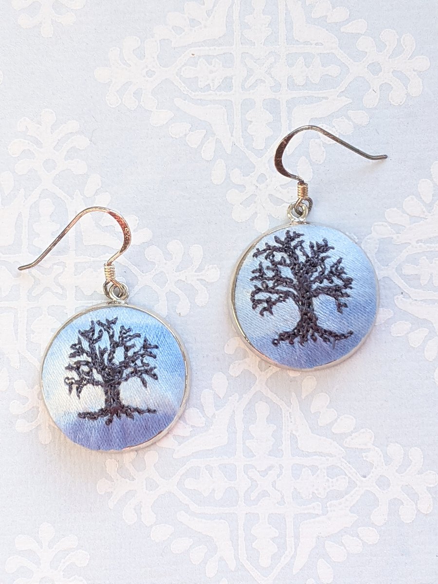 Winter tree embroidered earrings