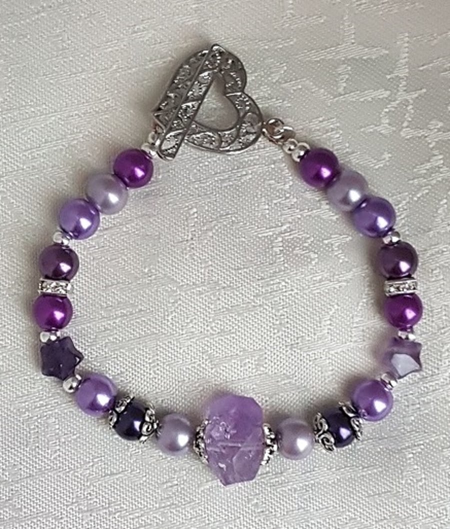 Gorgeous Purple bracelet with Amethyst nugget bead and heart toggle.