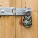 Owl Padlock Verdigris finish with two keys.