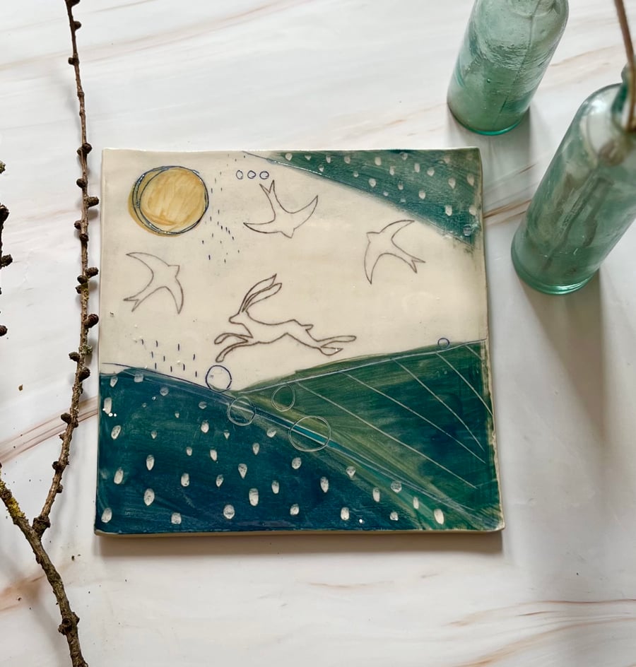 A Ceramic wall plaque - Hare and swifts - 5 - Summer Studio Sale 