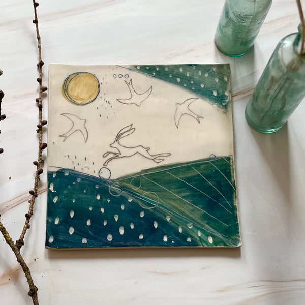 A Ceramic wall plaque - Hare and swifts - 5 - Summer Studio Sale 