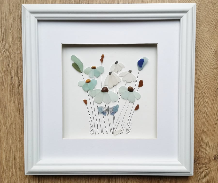 Sea Glass Art, Sea Glass Flowers, Mothers Day Gift Unusual Framed Wall Art