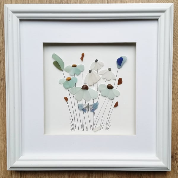 Sea Glass Art, Sea Glass Flowers, Mothers Day Gift Unusual Framed Wall Art