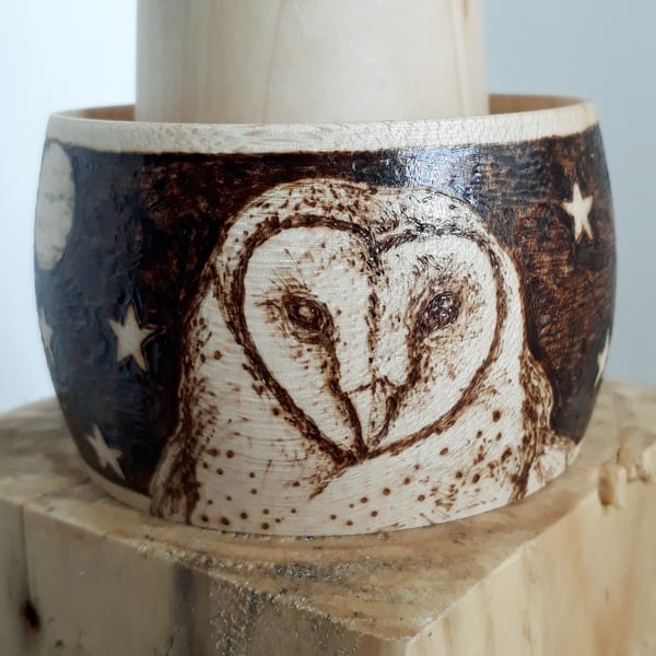 Pyrography barn owl at night wooden bangle 