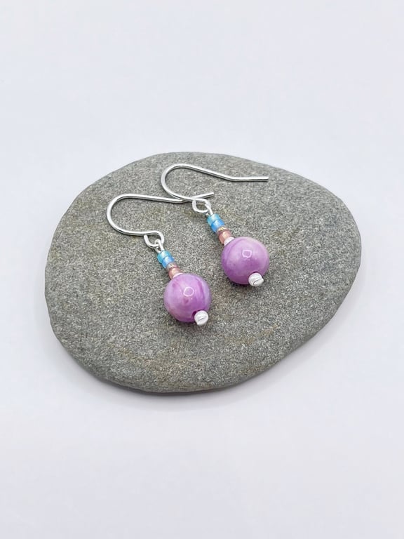 Lilac Jasper Bead Drop Earrings with Pastel Mix Seed Beads