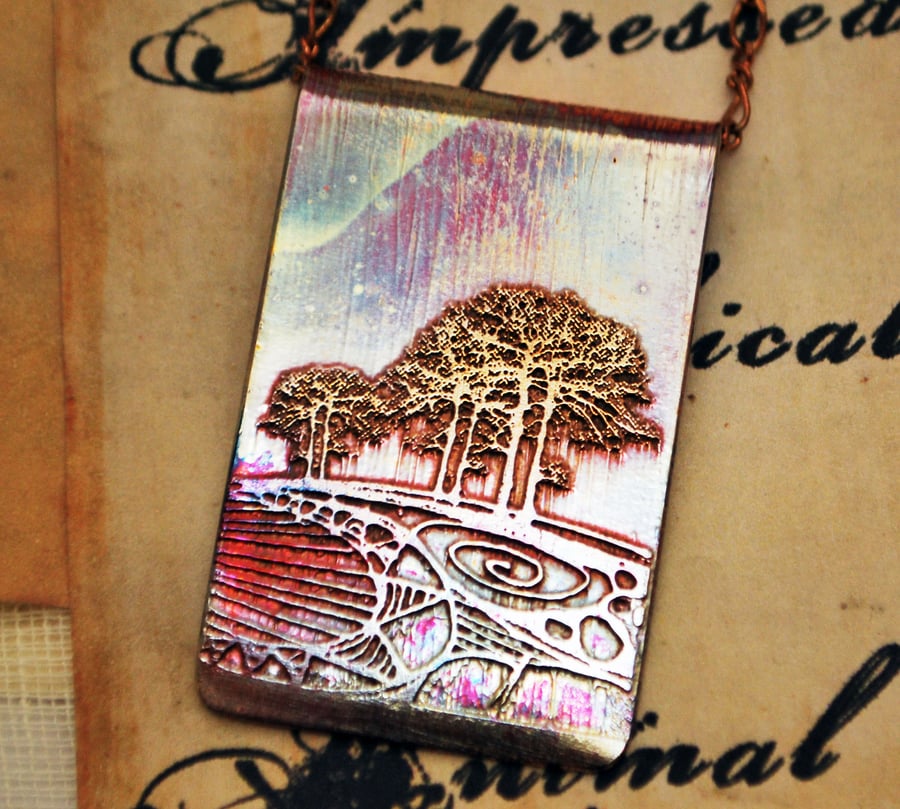 Etched copper double tree pendant - copper pendant on brass chain
