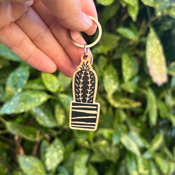 'Prickly Cactus' Wooden Keyring