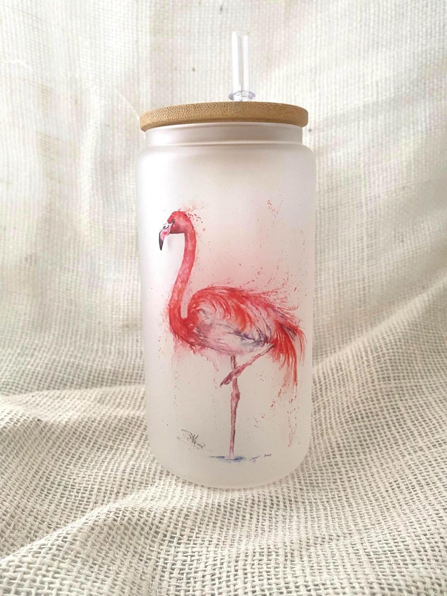 Flamingo Watercolour Frosted Glass Tumbler with Bamboo Lid & Straw, 500ml  