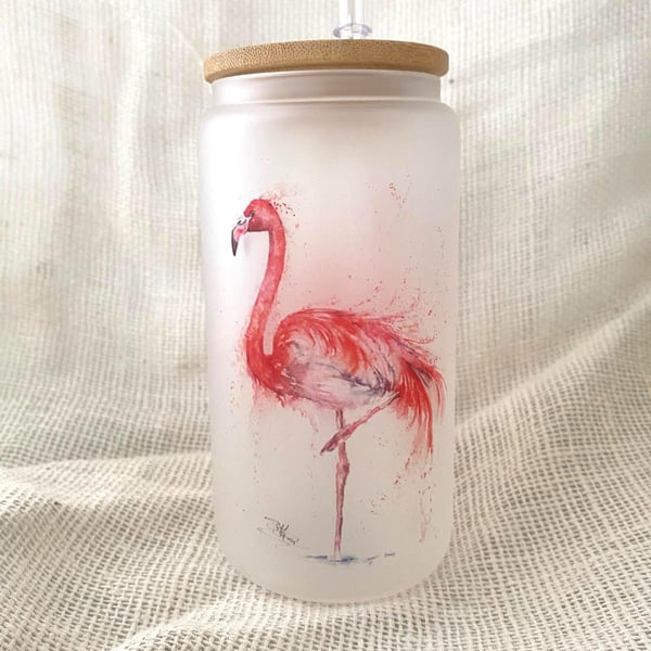 Flamingo Watercolour Frosted Glass Tumbler with Bamboo Lid & Straw, 500ml  
