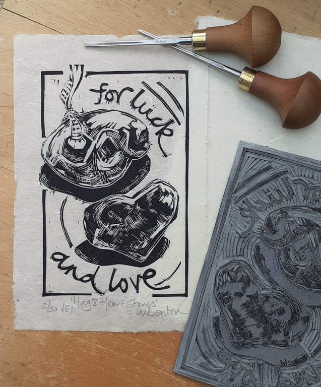'Hag and Heart Stones', Lino Print on Lokta Paper (VE1)