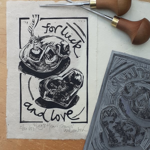 'Hag and Heart Stones', Lino Print on Lokta Paper (VE1)