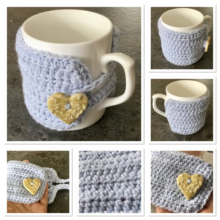 Ice Blue Sparkle Crocheted Mug Cosy with Handmade Heart Biscuit Fired Button.