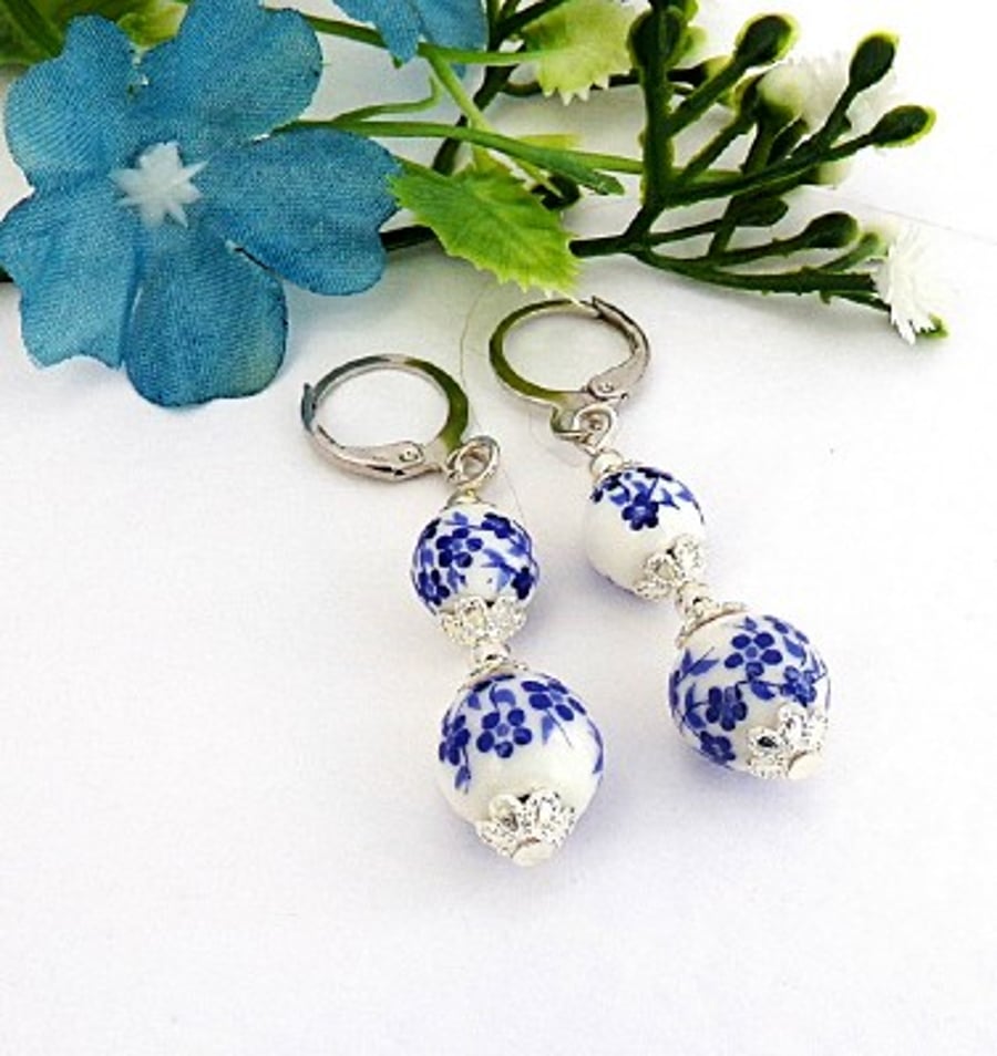 Blue Floral Ceramic Earrings