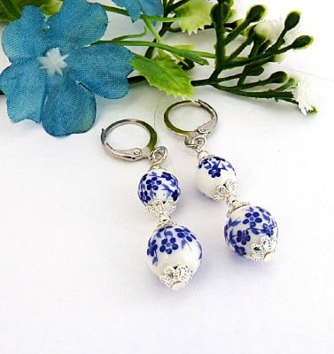 Blue Floral Ceramic Earrings