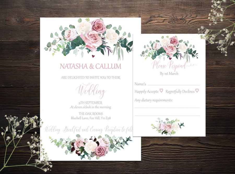 Dusty Pink Roses Wedding Invitation SAMPLE. Matching items available.