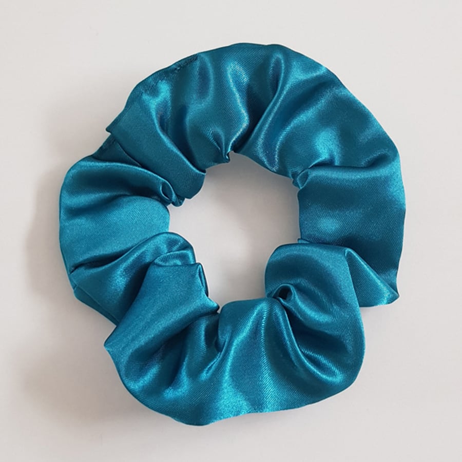 Peacock Teal Satin Scrunchie - Gentle Handmade Hair Tie