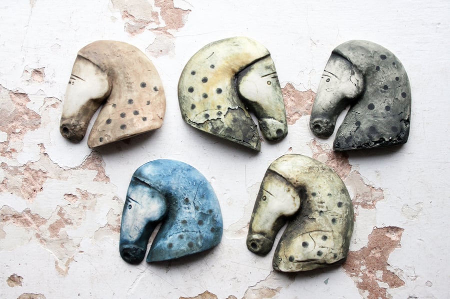 Etruscan horse porcelain brooch