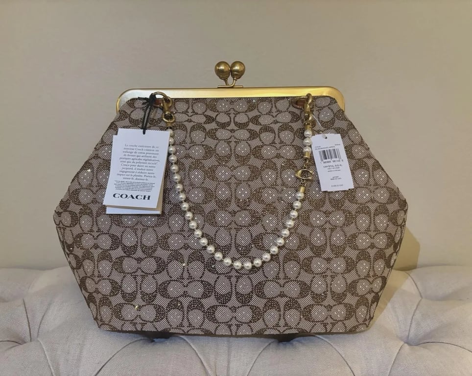 Coach, Large, Crystal, Shoulder Bag in Burnished Amber with Gold Pearl Chain