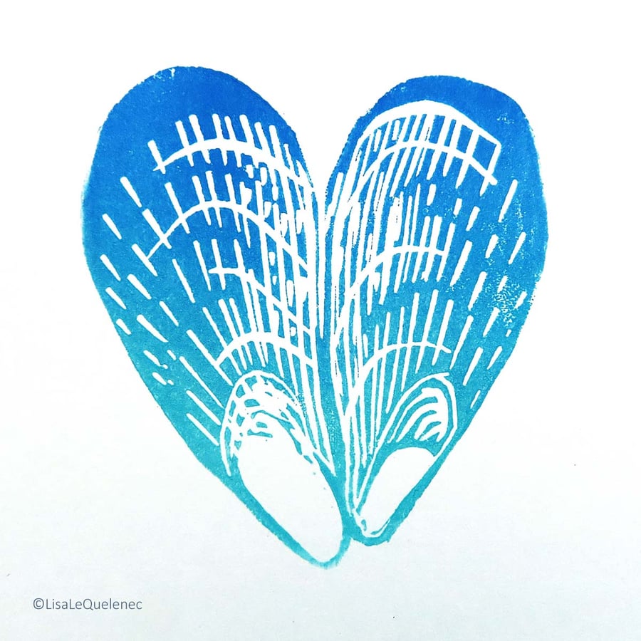 Mussel shell heart hand printed blank greeting artist card 