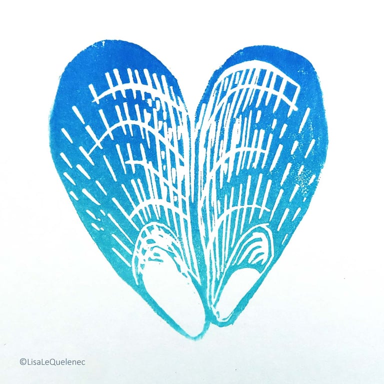Mussel shell heart hand printed blank greeting artist card 