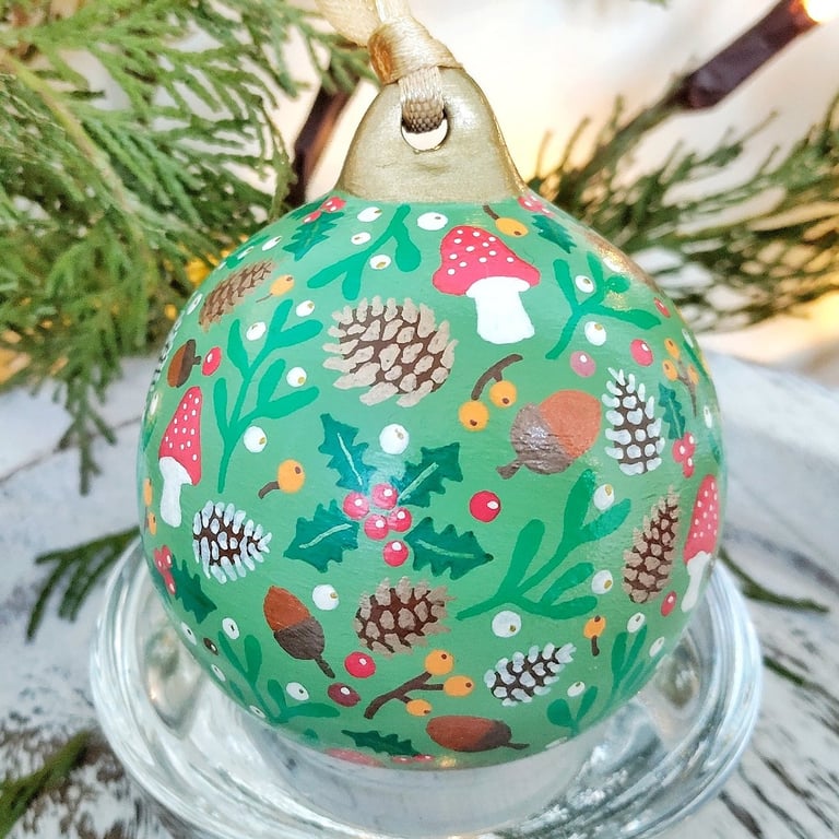 Hand Painted Green Woodland Christmas Bauble 