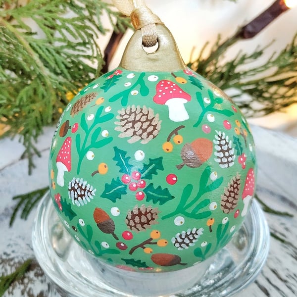 Hand Painted Green Woodland Christmas Bauble 