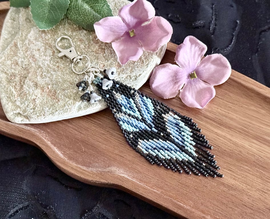 Blue lily flower beadwork bag charm with Czech glass bell flowers