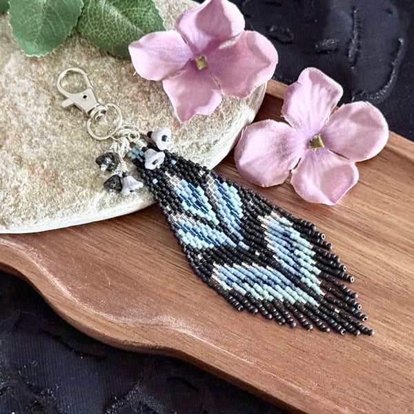 Blue lily flower beadwork bag charm with Czech glass bell flowers