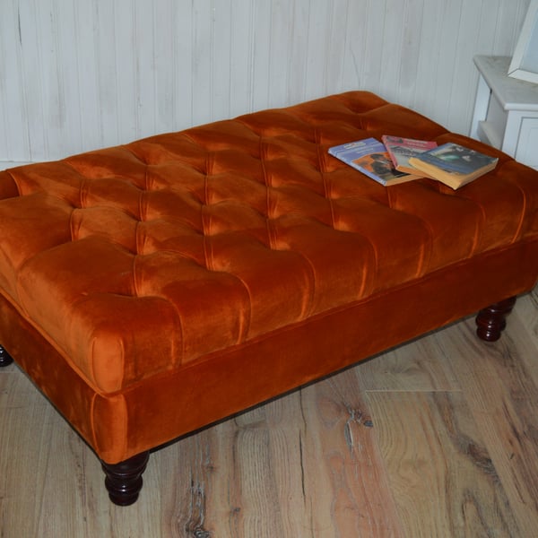 Chesterfield Deep Button Footstool in Burnt Orange Velvet Fabric