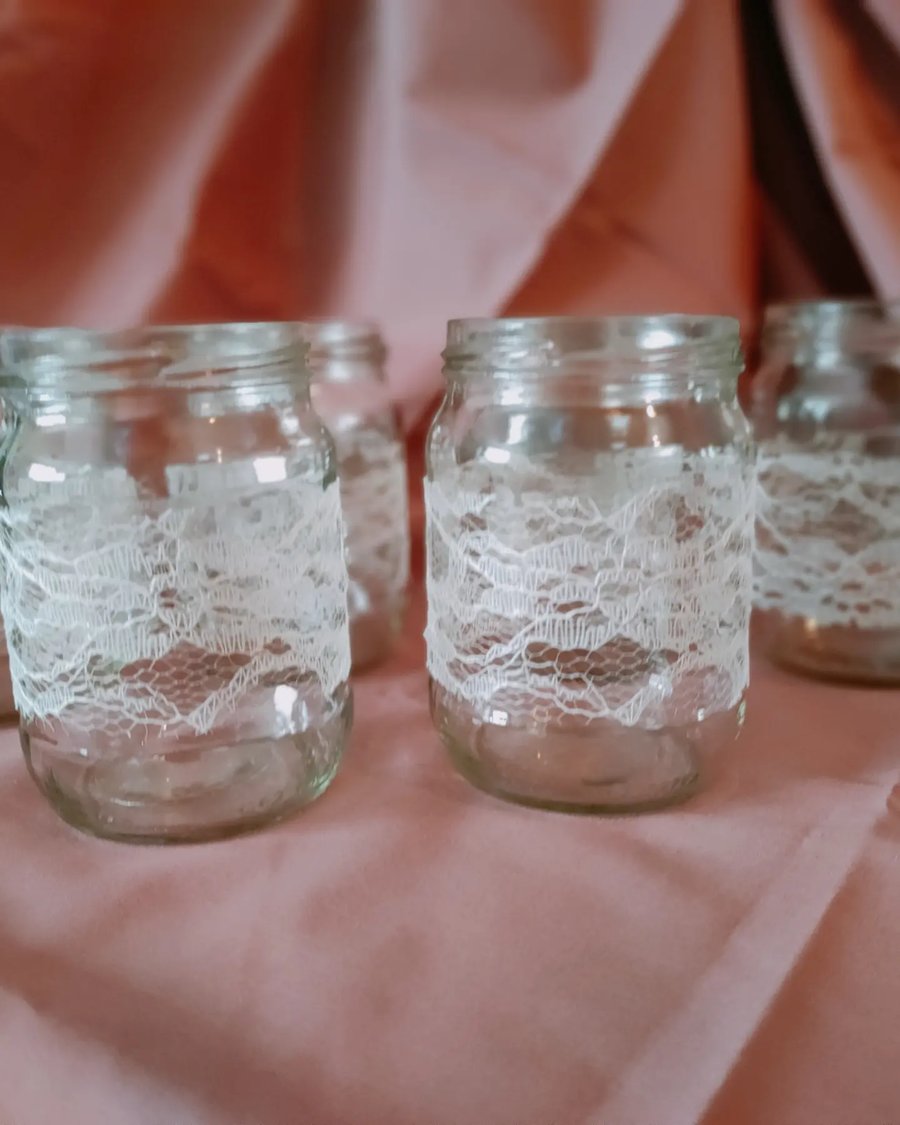 6 antique lace banded wedding table centerpieces 