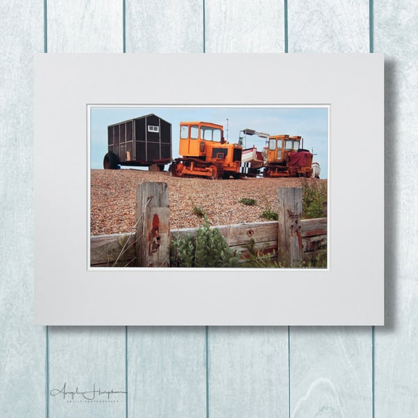 Colour Art Photograph - Costal Norfolk - Tractors Boat Hut on Shingle Beach