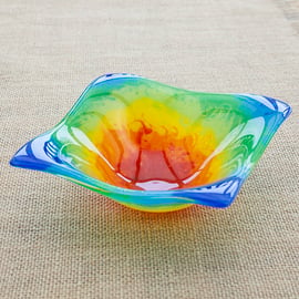 Wavy Organically Shaped Circular Rainbow Fused Glass Decorative Round Bowl