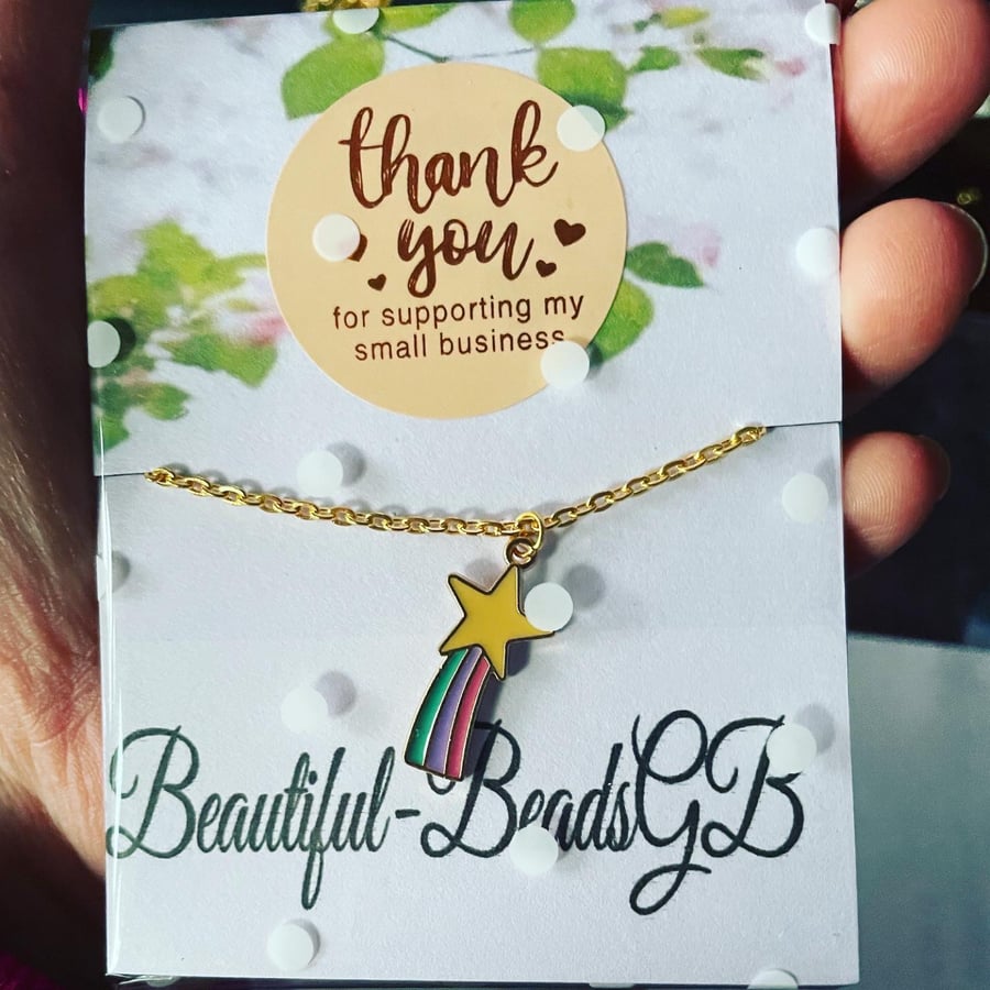 Shooting star rainbow pendant gold tone curb chain necklace gift 