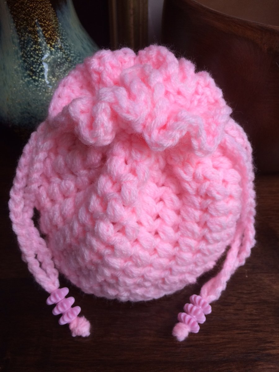 Large Hand Crochet Chunky Luxury Pink Drawstring Bag Handbag Pouch Purse