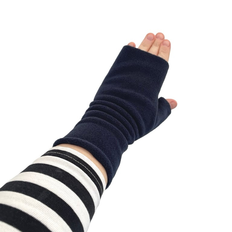 Navy blue fingerless wrist warmer gloves Long fleece gloves mittens Gift women