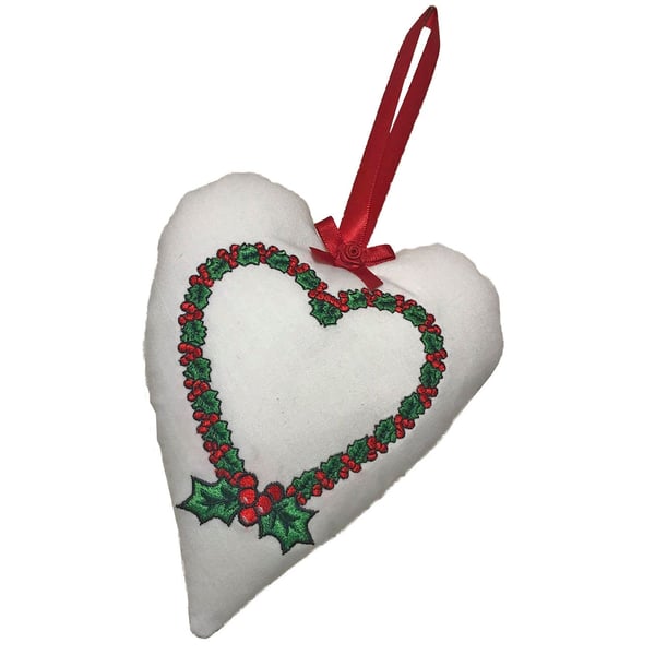 Embroidered Holly Wreath - Padded Heart